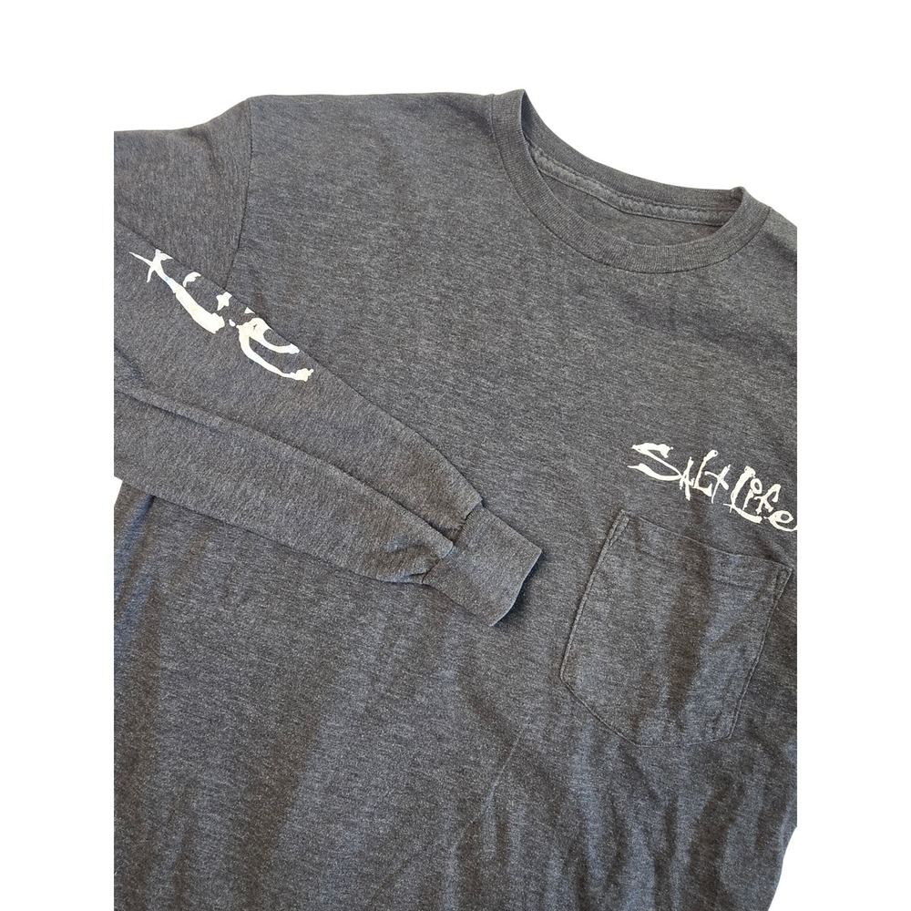 Salt Life Hook Line Sinker Long Sleeve Pocket T Shirt Mens Medium M Gray Fishing